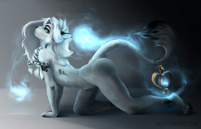 all_fours anthro black_sclera blue_eyes braided_hair breasts curled_tail dipstick_ears dipstick_tail ear_markings female fur glowing glowing_eyes hair kitsunebi lamp lantern looking_at_viewer markings multicolored_ears multicolored_tail nipples nude smile solo tail tail_markings tail_tuft tuft white_body white_fur white_hair mothmarlow twokinds willow_wisp felid feline keidran mammal will-o'-the-wisp