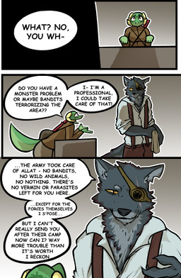 anthro clothed clothing dialogue duo female fur horn male prosthetic speech_bubble tail text yellow_eyes brradett lernie_(brradett) canid canine canis mammal scalie wolf absurd_res colored comic digital_media_(artwork) english_text hi_res