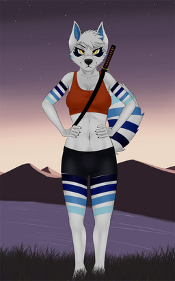 anthro bra clothing detailed_background female fur hair katana lake looking_at_viewer melee_weapon simple_background smile solo sparklefur sports_bra standing star sunset sword underwear weapon yellow_eyes an_ancient aira canid canine canis domestic_dog husky mammal nordic_sled_dog spitz 2017 5:8 hi_res