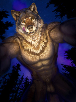 abs all_fours animal_genitalia animal_penis anthro balls bedroom_eyes biceps big_muscles black_lips black_nose brown_nose canine_genitalia canine_penis fangs forest forest_background front_view fur genitals grey_body grey_fur licking licking_lips lips looking_at_viewer looking_down low-angle_view male muscular muscular_male narrowed_eyes nature nature_background neck_tuft night nude outside pecs penis penis_tip penis_towards_viewer plant pubes seductive sheath sky smile solo star starry_sky teeth tongue tongue_out tree tuft worm's-eye_view yellow_eyes hibbary mythology canid canine canis mammal mythological_canine mythological_creature werecanid werecanine werecreature werewolf wolf