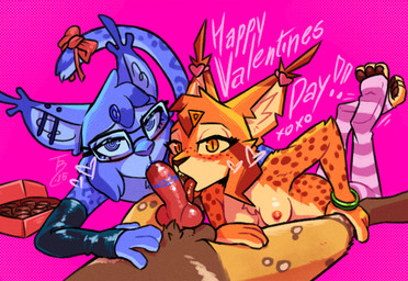ambiguous_anthro ambiguous_gender animal_genitalia animal_penis anthro areola biped blush bracelet brown_body brown_fur candy canine_genitalia canine_penis chocolate dessert erection eyewear female female_anthro food fur genitals glasses group jewelry knot magenta_background male male_anthro markings mostly_nude_female nipples nude_male orange_body orange_fur penis penis_in_mouth pupils red_penis sex slit_pupils spiral_pupils spots spotted_body spotted_fur text trio theblueberrycarrots berry_(theblueberrycarrots) carrot_(theblueberrycarrots) milo_(juantriforce) african_wild_dog canid canine felid feline lynx mammal 2025 digital_drawing_(artwork) digital_media_(artwork) english_text hi_res