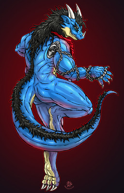 anthro chain claws kerchief looking_aside male muscular nude pose rear_view smile solo brazato mythology dragon mythological_creature mythological_scalie scalie hi_res