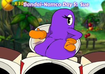 butt_slap clothed clothing handwear handwear_only looking_at_viewer looking_back looking_pleasured mittens mittens_only mostly_nude nude orange_clothing orange_handwear orange_mittens playful playful_face purple_body raised_clothing raised_shirt raised_tank_top raised_topwear screencap screencap_background shirt slap solo tank_top text topwear metateen bandai_namco pac-man_(series) pac-man_world_(series) pac-man_world_2 sue_(pac-man) ghost spirit 2025 digital_drawing_(artwork) digital_media_(artwork) english_description english_text hi_res