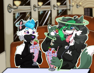 anthro beverage blue_eyes blue_hair blush clothed clothing duo food fruit fur green_eyes green_hair hair halo intersex intersex/male male milkshake plant purple_eyes strawberry tir3dwolf white_body white_fur azurlight mistress_kayla canid canine fox hybrid mammal hi_res herm_(lore)