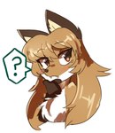 anthro brown_body brown_eyes brown_fur female female_anthro fur gloves_(marking) hair hand_on_chin markings question_mark simple_background solo white_body white_fur conditional_dnp fiddleafox averi_(fiddleafox) canid canine fox mammal grandfathered_content