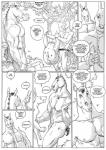 animal_genitalia anthro axe canid canine canis clothed clothing comic dale_(furronika) dialogue domestic_dog duo_focus english_text equid equine fully_sheathed furronika genitals greyscale group hi_res horse humanoid_pointy_ears humor male mammal melee_weapon monochrome muscular muscular_male nude outside plant profanity sheath speech_bubble standing stated_homosexuality stated_sexuality tad_(furronika) text topless tree weapon