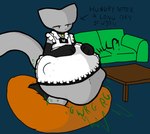 2023 abdominal_bulge ambiguous_anthro ambiguous_gender ambiguous_pred ambiguous_prey anthro anthro_pred arm_warmers armwear bean_bag belly belly_squish belly_tuft big_belly big_tail biped black_arm_warmers black_armwear black_clothing black_collar black_footwear black_socks black_text blue_background bodily_noises calling_for_help cel_shading closed_frown clothed clothed_ambiguous clothed_anthro clothing collar contextual_arrow digestion digestion_noises digital_drawing_(artwork) digital_media_(artwork) directional_arrow domestic_cat emily_(tcsrjx) english_description english_text exposed_belly felid feline felis female_(lore) footwear fully_inside fur furniture green_sofa green_text grey_belly grey_body grey_ears grey_face grey_fur grey_tail hand_on_belly hand_on_own_belly hands_on_belly hands_on_own_belly heart_cutout hi_res huge_belly kneeling long_tail looking_aside maid_apron maid_uniform mammal monotone_arm_warmers monotone_armwear monotone_belly monotone_body monotone_clothing monotone_face monotone_footwear monotone_fur monotone_socks monotone_tail muffled on_bean_bag prick_ears rumbling_stomach same_size_vore shaded simple_background socks sofa soft_vore solo sound_effects squish struggling struggling_prey table tail tcsrjx text three-quarter_view tight_clothing tight_topwear topwear tuft uniform unimpressed unseen_prey unwilling_prey vore vowelless vowelless_sound_effect vowelless_vocalization wood wood_furniture wood_table wrinkles_in_clothes