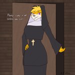 anthro big_breasts black_clothing blonde_hair breasts clothing female fur hair multicolored_body multicolored_fur nun nun_outfit purple_eyes solo tan_body tan_fur thick_thighs yellow_body yellow_fur rifykoh felid feline mammal 1:1 hi_res