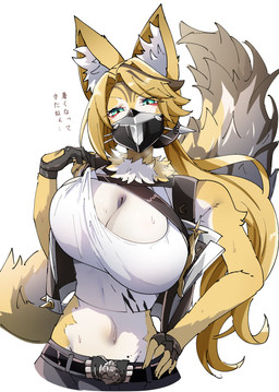anthro arm_tuft belt big_breasts blonde_hair bottomwear breasts clothing crop_top denim denim_bottomwear denim_clothing denim_shorts eyebrow_through_hair eyebrows eyelashes female fingerless_gloves fur gloves hair hand_on_hip handwear huge_breasts mask neck_tuft ponytail shirt shorts shoulder_tuft solo topwear translucent translucent_hair tuft wearing_mask white_body white_fur yellow_body yellow_fur caseee999 mihoyo zenless_zone_zero pulchra_fellini felid feline felis mammal sand_cat thiren 2026 absurd_res hi_res
