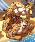 5_fingers 5_toes anthro anthro_on_anthro areola beach biceps bulge claws countershade_face countershade_fur countershade_neck countershade_torso countershading duo_focus fangs feet fingers fur group inner_ear_fluff interspecies leopard_spots male male/male muscular muscular_anthro muscular_male nipples open_mouth pecs seaside smile spots striped_body striped_fur stripes tail teeth text toes tongue tongue_out trio tuft water baiyushou felid leopard mammal pantherine tiger english_text hi_res