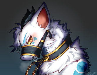 anthro bdsm blue_body blue_fur blush bodily_fluids bondage bound collar eyebrows fur hair male muzzle_(object) muzzled orange_eyes saliva side_view simple_background solo teeth white_body white_fur yellow_sclera k-o-art mythology aldy_(aldyderg) dragon furred_dragon furred_scalie mythological_creature mythological_scalie reptile scalie 2021 hi_res