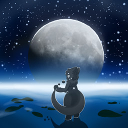 anthro biped black_body black_tail light male moon night outline pose rear_view shadow silhouette sky solo space star starry_sky tail white_eyes douershi 1:1 digital_drawing_(artwork) digital_media_(artwork) full-length_portrait lighting portrait