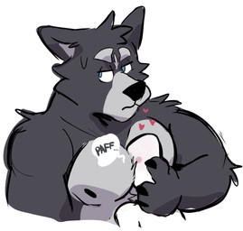 ambiguous_gender annoyed anthro biceps blue_eyes blush bodily_fluids claws clothed clothing duo frown heart_symbol hug humor larger_male looking_away male muscular muscular_male nipples pec_smothering pecs simple_background size_difference smaller_ambiguous smothering speech_bubble sweat topless white_background haps adastra adastra_(series) echo_project amicus_(adastra) canid canine canis human mammal wolf 2019 hi_res