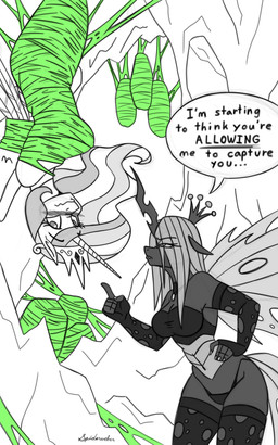 anthro arthropod_webbing blush bound cave clothing crown dialogue duo female gesture hand_gesture hand_on_hip headgear horn looking_away panties pointing suspension text tiara underwear web_bondage wings spiderweber friendship_is_magic hasbro my_little_pony mythology princess_celestia_(mlp) queen_chrysalis_(mlp) arthropod changeling_(mlp) equid equine mammal mythological_creature mythological_equine winged_unicorn 5:8 absurd_res english_text hi_res monochrome