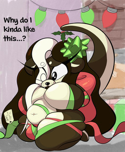 accessory anthro bdsm belly big_bulge big_butt bound bow_ribbon breast_squish breasts bulge butt christmas_present confusion female gift gift_bow gift_tag gift_wrapped gynomorph hair_accessory hair_bow hair_ribbon herm holidays intersex mistletoe mistletoe_on_tail plant question questioning ribbons slightly_chubby slightly_chubby_gynomorph slightly_chubby_intersex solo squish tail thick_thighs thigh_squish wide_hips scrudy christmas bella_(scrudy) mammal mustelid otter hi_res