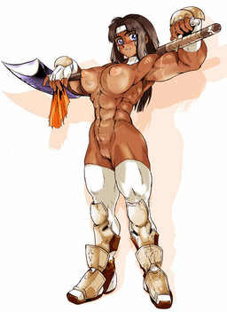 abs armor axe blue_eyes boots breasts brown_hair circlet clothing female footwear genitals hair melee_weapon muscular muscular_female nipples not_furry puffy_nipples shaved shoes smile solo suntan tan_body tan_line tan_skin vulva weapon unknown_artist human mammal