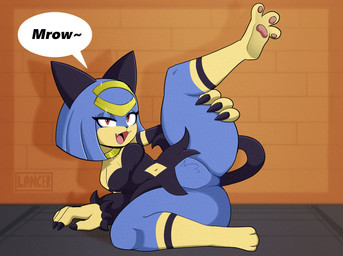 anthro black_clothing black_dress blue_body blue_hair breasts claws clothed clothing dress eyelashes fangs featureless_crotch female hair looking_at_viewer multicolored_body navel neck_ring no_underwear one_leg_up open_mouth pawpads presenting raised_leg red_eyes short_hair solo speech_bubble tail teeth text two_tone_body yellow_body mklancer00 palworld pocketpair felid feline mammal pal_(species) sekhmet_(pal) hi_res