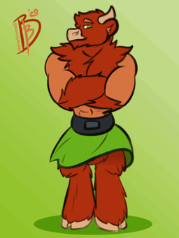 anthro balls barely_visible_genitalia bottomwear clothing crossed_arms fur genitals green_background green_eyes hooves horn kilt looking_at_viewer male muscular muscular_anthro muscular_male orange_body orange_fur red_body red_fur simple_background solo standing wind bibbidy bo_(bibbidy) bovid bovine cattle mammal 2020 3:4 animated signature