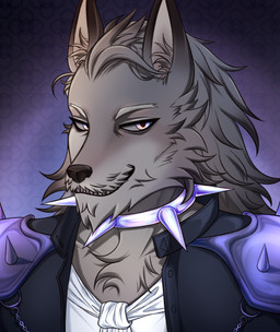 anthro armor clothed clothing collar crystal facial_hair iridescent iridescent_collar male mustache pattern_background pauldron purple_eyes simple_background smile smiling_at_viewer solo spiked_collar spikes toothy_grin birthnight nero_(nerobeasts) canid canine canis mammal wolf portrait shaded