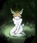 anthro antlers archive_dump art_dump blonde_hair blue_eyes blush breasts detailed_background female forest fur hair hand_behind_back hand_on_leg hooves horn looking_at_viewer markings nipples nude plant sitting smile solo spots spotted_body spotted_fur teeth tree white_body bluebun bonnie_bun jackalope lagomorph mammal absurd_res hi_res