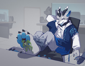 4_toes ambiguous_gender anthro antlers blue_pawpads bottomwear chair claws clothing countershading death desk duo extreme_size_difference eyes_closed feet feet_on_desk foot_fetish foot_focus footprint footwear fur furniture green_body green_fur hand_behind_back hanged horn jacket micro office office_chair pants pawpads pawprint purple_stripes sandals shoes size_difference smile soles stripes table toe_claws toes topwear unconscious wings x_eyes muxifeng mythology dragon mythological_creature mythological_scalie scalie absurd_res hi_res