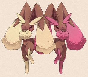 ambiguous_gender anthro black_sclera blush brown_body brown_fur duo fur looking_at_viewer pink_body pink_eyes pink_fur raised_leg simple_background tail yellow_body yellow_fur leoiruga nintendo pokemon generation_4_pokemon lagomorph lopunny mammal pokemon_(species) shiny_pokemon 2026 hi_res signature