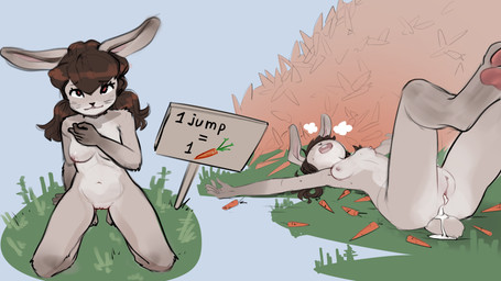 after_sex anthro areola bodily_fluids breasts breath brown_eyes brown_hair carrot cum cum_from_vagina cum_in_vagina cum_inside female food genital_fluids grass hair kneeling lying nude on_back open_mouth outside panting pawpads paws pink_pawpads plant sign solo teeth text vegetable anotherpic lagomorph leporid mammal rabbit 16:9 english_text hi_res widescreen