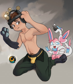 3_fingers 3_toes ambiguous_gender black_body black_fur blue_eyes blue_pawpads blush bottomwear brown_hair bulge clothed clothing digitigrade duo fangs feet feral fingers fur fur_growth green_bottomwear green_clothing green_pants grey_background grey_eyes growth hair handpaw head_tuft human_to_feral kneeling looking_at_another lying male mid_transformation on_side open_bottomwear open_clothing open_mouth open_pants pants pawpads paws pink_body pink_fur pokeball pubes short_hair simple_background species_transformation teeth toes tongue topless topless_human topless_male transformation transformation_through_technology tuft underwear white_body white_fur yellow_clothing yellow_underwear huka nintendo pokemon eeveelution generation_2_pokemon generation_6_pokemon human mammal pokemon_(species) sylveon umbreon absurd_res digital_media_(artwork) hi_res shaded