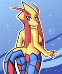 anthro anthrofied big_butt blue_body breasts butt female looking_back non-mammal_breasts nude pink_eyes pokemorph simple_background solo yellow_body inget nintendo pokemon generation_3_pokemon marine milotic pokemon_(species) digital_media_(artwork)