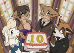 anthro black_nose blue_eyes breasts brown_body brown_eyes brown_fur cake celebration cleavage clothed clothing confetti dessert dress female food fur green_eyes group looking_at_viewer male necktie smile smiling_at_viewer white_body white_fur black-kitten morissa_(black-kitten) sebastien_(black-kitten) serah_(black-kitten) toby_(black-kitten) bovid caprine felid feline lynx mammal procyonid raccoon sheep hi_res brother_(lore) brother_and_sister_(lore) sibling_(lore) sister_(lore)