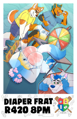 abdl blue_body blue_fur bodily_fluids butt_slap crying diaper dominant drinking fraternity fur genital_fluids humiliation impact logo paws poster slap spanking tears unclean_diaper urine used_diaper wet_diaper bottlebear absurd_res hi_res