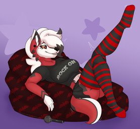 alternative_fashion anthro bean_bag bottomwear breasts clothed clothing ear_piercing electronics feet female footwear fur goth hair legwear microphone piercing raised_leg shirt simple_background sitting skirt smile socks solo tail teeth text topwear white_body white_fur chaoticmazzy nintendo pokemon generation_7_pokemon lycanroc midnight_lycanroc pokemon_(species) absurd_res digital_media_(artwork) english_text hi_res
