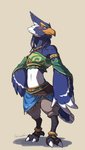 anthro beak biped blue_body blue_feathers blush clothed clothing crossdressing embarrassed feathers green_eyes male solo lan_rizardon breath_of_the_wild nintendo the_legend_of_zelda revali avian bird rito 2020 digital_media_(artwork) hi_res