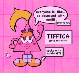 blonde_hair dialogue female hair not_furry pink_background pink_body ponytail simple_background smile socks_with_sandals speech_bubble text jimbydraws unknown_species digital_media_(artwork) english_text hi_res model_sheet signature