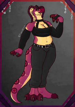 anthro belly belt big_tail blep bottomwear bra breasts cleavage clothed clothing crop_top eyelashes female pants pose sharp_teeth shirt solo standing tail teeth tongue tongue_out topwear underwear vanadi_(tigerrbites) tigerrbites cobra reptile scalie snake hi_res shaded