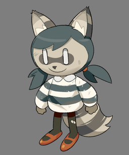 anthro blue_hair clothing female fist footwear fur grey_body grey_fur hair markings pattern_clothing pattern_shirt pattern_topwear pigtails red_clothing red_footwear red_shoes shirt shoes smile solo striped_clothing striped_markings striped_shirt striped_tail striped_topwear stripes tail tail_markings topwear newtype_hero unnamed_character mammal procyonid raccoon