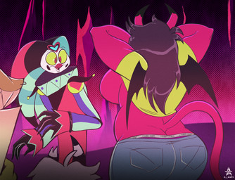 big_breasts big_butt bottomwear breasts butt clothing denim denim_bottomwear denim_clothing duo female jeans jester male male/female overweight overweight_female panties pants panty_shot slightly_chubby toony underwear n.c._mentis hellaverse helluva_boss fizzarolli_(helluva_boss) demon humanoid imp succubus digital_media_(artwork) meme redraw
