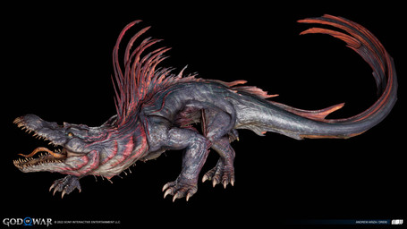 ambiguous_gender black_background blue_body blue_scales claws copyright_symbol dark_body dark_scales defensive feral gills light logo open_mouth orange_sclera overbite pupils quadruped red_gills red_spines scales scar simple_background slit_pupils snout solo spines symbol tail teeth text tongue tongue_out visible_teeth yellow_eyes andrew_ariza god_of_war god_of_war_ragnarok mythology sony_corporation sony_interactive_entertainment crocodilian dragon dreki_(gow) monster mythological_creature mythological_scalie reptile scalie 2022 3d_(artwork) absurd_res artist_name colored concept_art copyright_name detailed digital_media_(artwork) hi_res lighting official_art shaded