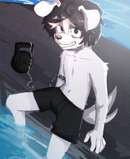 5_fingers anthro biped black_bottomwear black_clothing black_eyes black_shorts bottomwear bound chain chained clothing fingers fur imminent_death imminent_suicide looking_at_viewer male shorts sitting slim_anthro slim_male smile smiling_at_viewer solo weights white_body white_fur shuishuibj canid canine canis domestic_dog mammal 2024