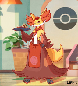 anthro apron biped brown_body brown_eyes brown_fur clothing detailed_background feet female fingers flower food front_view fur hand_on_hip hat headgear headwear holding_tray humanoid_hands inner_ear_fluff inside leaf looking_at_viewer orange_body orange_fur plant red_apron red_clothing shadow smile solo standing tail text toes tuft yellow_body yellow_fur vinael nintendo pokemon delphox generation_6_pokemon pokemon_(species) artist_name colored digital_media_(artwork) full-length_portrait pixel_(artwork) portrait shaded