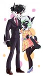 anthro belt clothed clothing crossdressing dominant dominant_male dress duo femboy footwear gem hand_around_waist heart_eyes heart_symbol high_heels jewelry lipstick makeup male male/male mind_control necklace necktie pearl_(gem) pearl_necklace pink_lipstick shoes size_difference standing stepfordization submissive submissive_male suit kaijublue john_leroux skathe canid canine canis domestic_dog husky mammal nordic_sled_dog spitz wolf 2022 hi_res