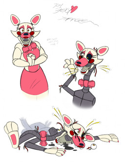 3_toes 4_fingers anthro cheek_tuft claws clothing dress eyelashes eyeshadow facial_tuft feet female fingers head_tuft lipstick looking_at_viewer lying machine makeup pawpads pink_body pink_claws pink_inner_ear pink_pawpads red_cheeks ribbons sharp_teeth solo standing teeth toes tuft white_body yellow_eyes tymime five_nights_at_freddy's five_nights_at_freddy's_2 scottgames mangle_(fnaf) animatronic canid canine fox mammal robot 2015 hi_res multiple_images