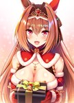 big_breasts blush box breasts brown_hair cleavage clothed clothing container crown cute_fangs fangs female gift gift_box gloves hair handwear headgear holidays jewelry looking_at_viewer necklace open_mouth red_eyes ribbons solo teeth tiara akasiosio christmas cygames uma_musume_pretty_derby daiwa_scarlet_(pretty_derby) animal_humanoid equid equid_humanoid equine equine_humanoid horse_humanoid humanoid mammal mammal_humanoid 2022 hi_res