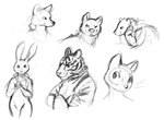 anthro crossed_arms long_ears looking_at_viewer markings narrowed_eyes one_eye_closed side_eye simple_background smile standing whiskers white_background wink raster_dreams canid felid lagomorph mammal pantherine tiger 2018 digital_drawing_(artwork) digital_media_(artwork) guide_lines monochrome sketch sketch_page