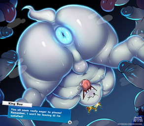anus backsack balls big_butt blue_anus bodily_fluids bukkake butt circumcised crown cum dialogue_box erection exclamation_point floating genital_fluids genitals group headgear humanoid_genitalia humanoid_penis king male male/male navel nipples noseless not_furry one_eye_closed open_mouth overweight overweight_male penis perineum royalty saliva saliva_on_tongue sharp_teeth small_tail surrounded_by_penises sweat sweaty_butt tail teeth text thick_thighs tongue tongue_out white_body el_booki luigi's_mansion mario_bros nintendo king_boo boo_(mario) ghost spirit 2025 digital_drawing_(artwork) digital_media_(artwork) english_description english_text hi_res url