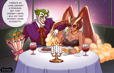 anthro big_breasts bouquet breasts brown_ears brown_hair candelabra candle carrot cleavage clothed clothing cutlery duo eyebrows female female_anthro female_on_human fire food fork green_eyebrows green_hair hair holding_fork holding_knife holding_object human_on_anthro interspecies kitchen_utensils knife lit_candle male male/female male_human male_on_anthro plant pointy_nose pokephilia teeth text tools vegetable wittlemoew batman_(series) dc_comics joker_caught_a_pokemon nintendo pokemon the_joker generation_4_pokemon human lopunny mammal pokemon_(species) english_text hi_res