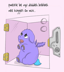 ambiguous_feral ambiguous_gender baby_talk begging blue_tail dialogue feathered_wings feathers feral fur grey_eyes hooves neonate open_mouth purple_body purple_fur sitting solo tail text trapped wings young young_ambiguous young_feral carpdime fluffy_pony mythology equid equine fluffy_pony_(species) mammal mythological_creature mythological_equine pegasus english_text intralingual_translation
