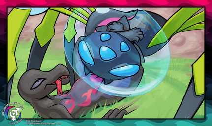 5_fingers 6_legs ambiguous_gender black_body black_scales blue_eyes border chokehold compound_eyes countershading cunnilingus duo female feral fingers forked_tongue grass green_markings headlock legs_around_head looking_pleasured lying markings on_back oral outside pink_markings plant purple_body purple_countershading purple_scales purple_sclera scales sex text tongue tongue_out vaginal duskguard nintendo pokemon araquanid arthropod generation_7_pokemon pokemon_(species) salazzle scalie absurd_res hi_res url watermark