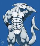 abs anthro biceps black_nipples bulge clothed clothing jockstrap male nipples pecs red_eyes smile smirk solo tail topless underwear nameless00 markshark fish marine shark 2016 hi_res