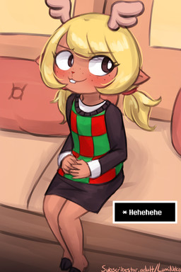 2_horns anthro antlers biped black_clothing black_dress blonde_hair blush brown_body clothed clothing cloven_hooves dress eyebrows female freckled_face freckles furniture hair hooves horn inside laugh looking_aside on_sofa pigtails shirt sitting sitting_on_sofa sofa solo teeth text text_box topwear unguligrade white_clothing white_shirt white_topwear young young_anthro young_female lumineko deltarune undertale_(series) noelle_holiday deer mammal new_world_deer reindeer 2025 2:3 english_text